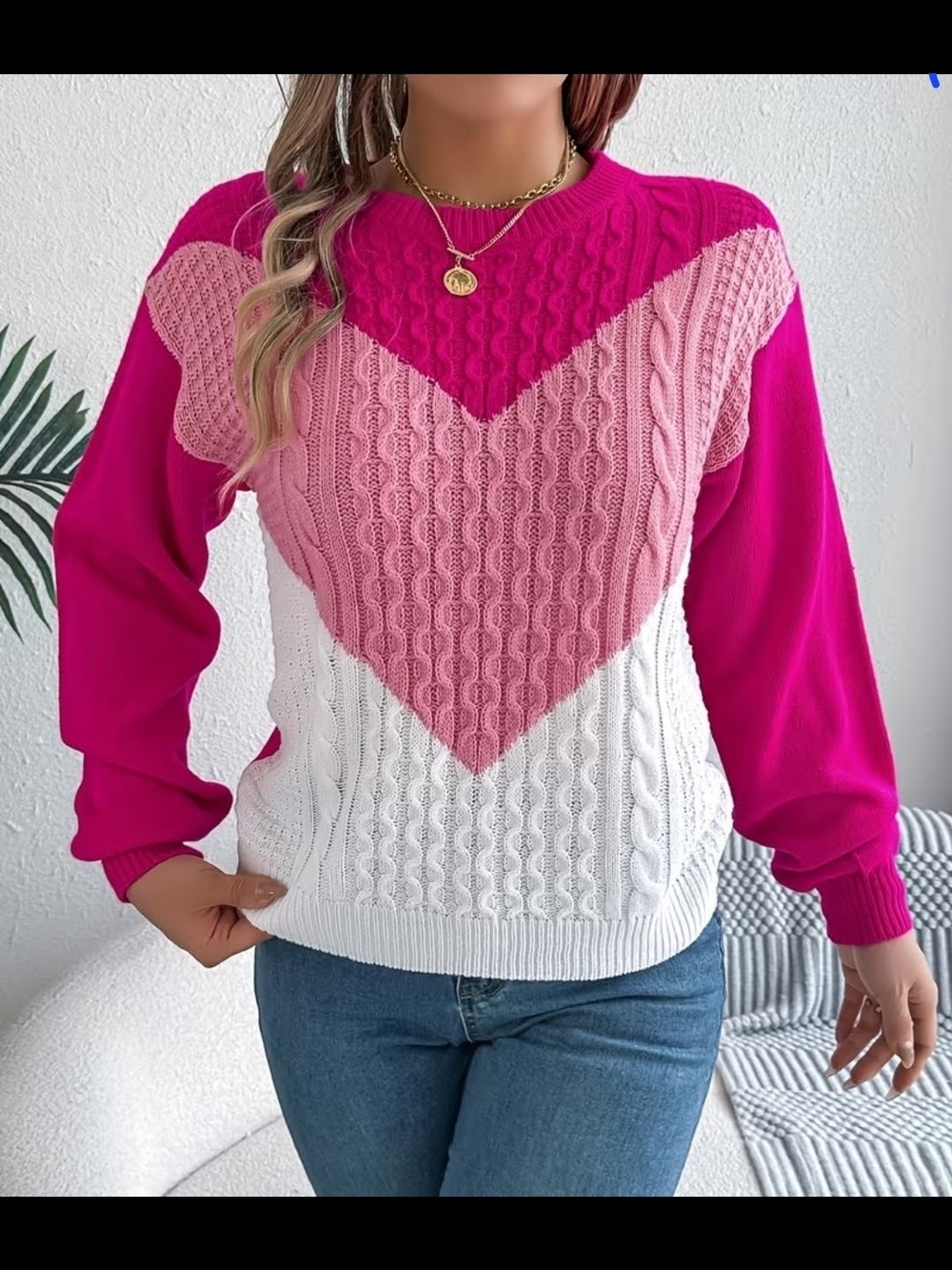 SHEIN Pink & White V-Block Cable Knit Sweater